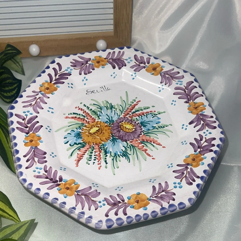 Set of 3 Hand-Painted Sevilla Spain Plates – Hecho a Mano – Octagon Floral